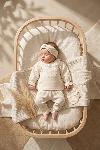 DYZSTAR Baby Girl Cinnamon Lace Collar Hospital Outfit and Ecru Ribbed 5-Piec...