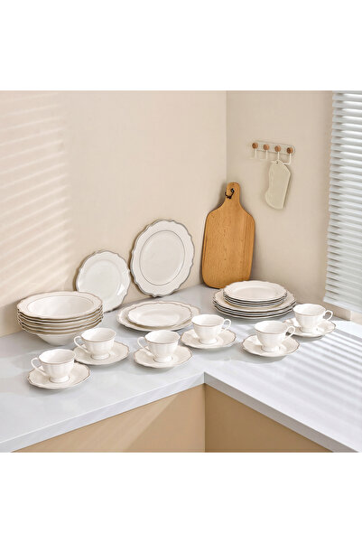 Malooki 30-piece Arabesque porcelain table set, white with silver border, 6 p...
