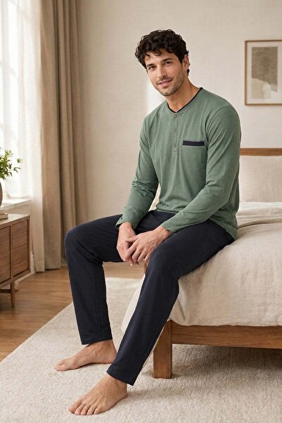 PİJAPİA Men's Long Sleeve 100% Cotton Plus Size Pajama Set Khaki