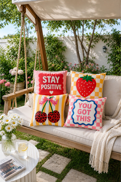 ayshome textile Ays Home Kiraz Desenli Pembe Sarı Ev Balkon Bahçe 4'Lü Kırlent Kılıfı Seti