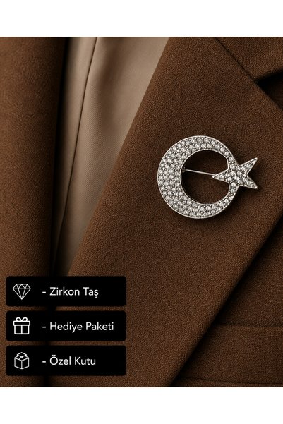 HER ŞEY NOTA www.herseynota.com Hediye Ay Yıldız Taşlı Kadın Broş Rozet Gümüş...