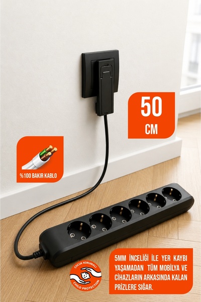 Aryes Mobilya Arkası İnce Fişli 6'lı Grup Priz (50 CM) - Çocuk Korumalı, Bakı...