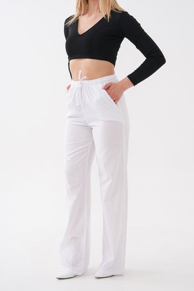 Noravelle Women's White High Waist Loose Fit Linen Blend Palazzo Pants