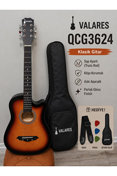 valares 38c Kesik Kasa Sap Ayarlı Akustik Gitar 38 inç Full Aksesuar Hediyeli...