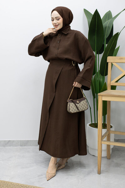 Tesettür Dünyası Skirt with Brooch Detail Double Suit Set Tsd260233 Brown