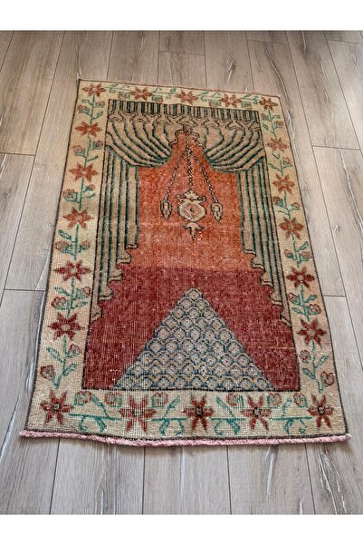 El Dokuması Vintage Turuncu Seccade & Çiçek Motifli Dekoratif Kilim 78x120 cm