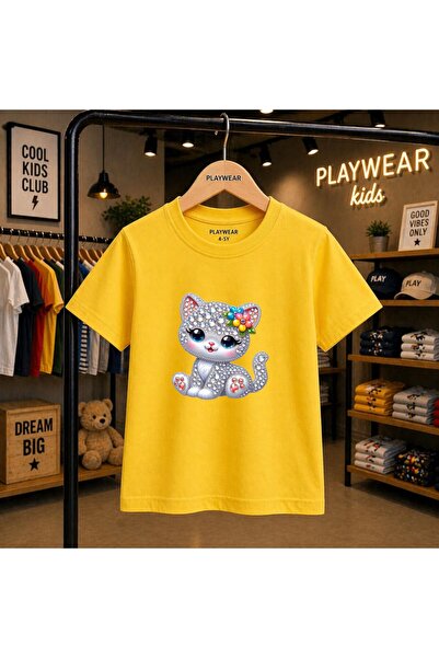 playwear Stoned Diamond Cat Printed 100% Kids Unisex T-Shirt 5 6 -7 8-9 10 -1...