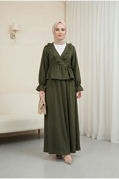 Modamorfo Kimono set sa naboranim ovratnikom i suknjom sa vezanjem spreda - kaki