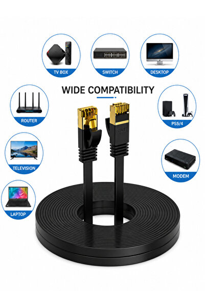 Vwin Cat7 İnternet Ethernet Ağ Kablosu Flat/Düz 600 Mhz 10 Gbps Patch Lan Cable - 15 METRE -