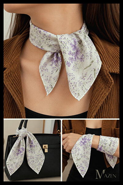 MAZEN Lilac Floral Patterned 45X45 Summer Chiffon Scarf |   Women's Neck Hair...