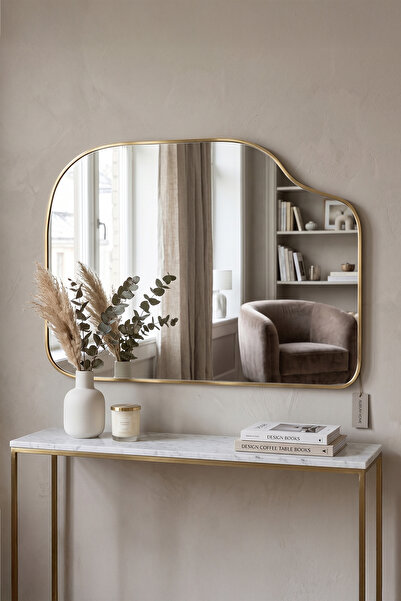 Fawdecor Organik Form Ahşap Çerçeveli Dekoratif Duvar Aynası Salon Antre Yata...