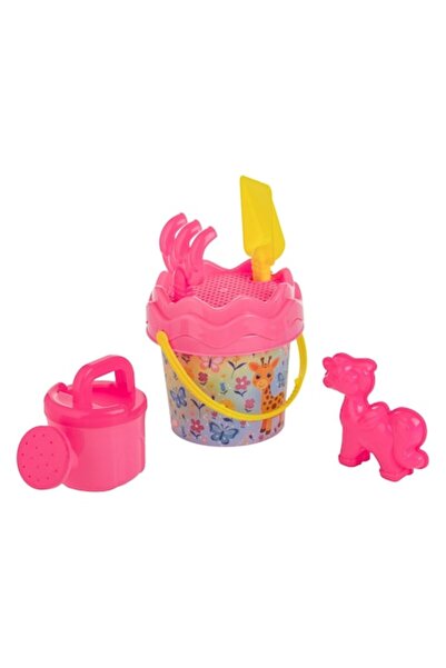 OEM Găleată de plajă roz cu model girafă Ø13x15cm și 4 accesorii