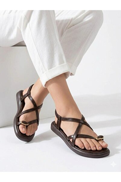 Lütfi Women's Brown Gold Ring Detailed Soft Sole Casual Flip-Flop Sandals