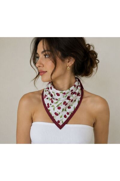 Axesoire 15326-1 Pleated Cherry Patterned Red and White Satin Bandana Scarf 5...