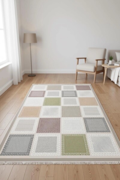 Has 1950 PASTEL RENK KARE DESEN MODERN HALI DEKORATİF KİLİM