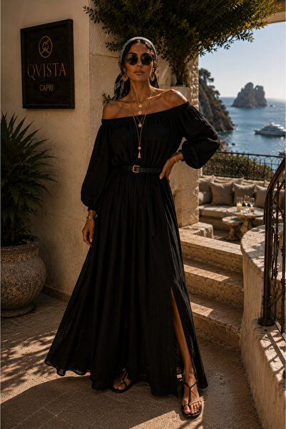 NA ADDESIGN Bohemian Madonna Collar Viscose Slit Dress with Black and White C...