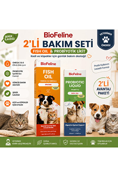 BioFeline Fish Oil & Probiyotik Likit Kedi Köpek Bakım Seti Şeker İlavesiz 2’...