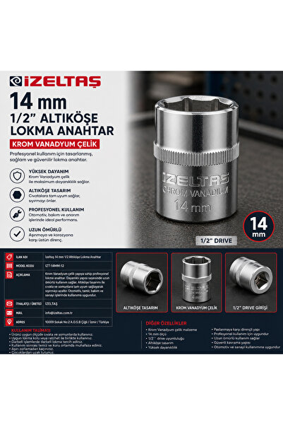 İzeltaş 14 mm 1/2 Altıköşe Lokma Anahtar