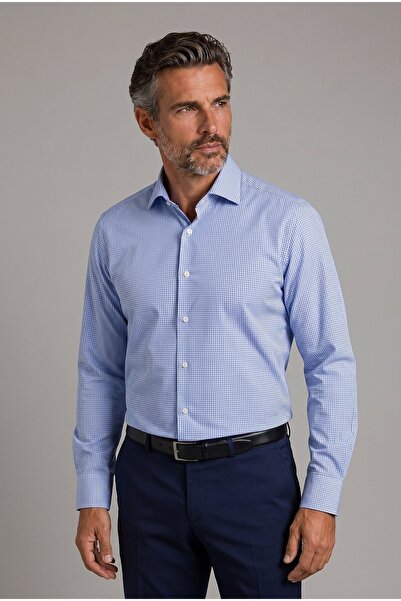 Bisse Blue Regular Fit Cotton Pocketless Long Italian Collar Shirt