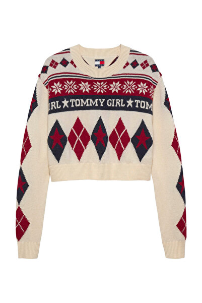 Tommy Jeans Krem - Kırmızı Kadın Bisiklet Standart Desenli Kazak TG FAIR ISLE...