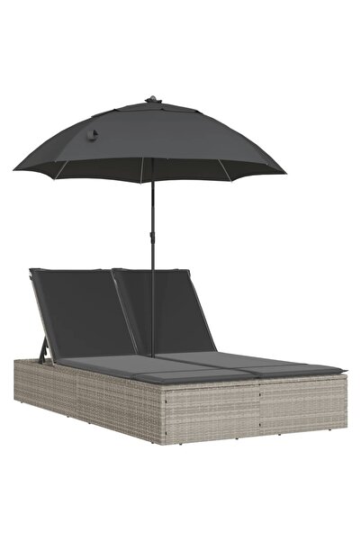 vidaxl Șezlong dublu cu perne/umbrelă de soare, gri deschis, poliratan