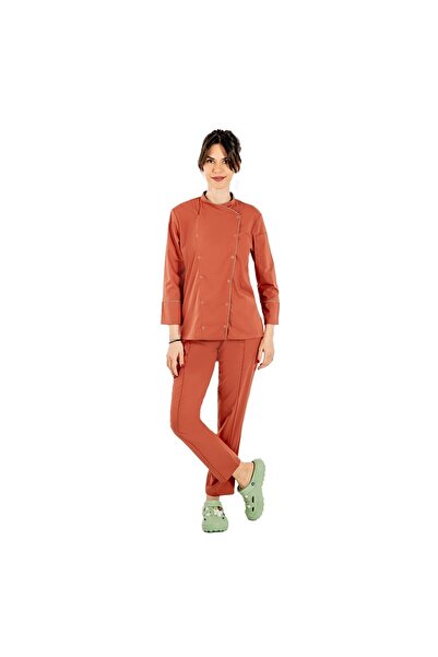 RUNI Uniforma bucatar dama caramel stretch tip tunica cu capse si pantaloni c...