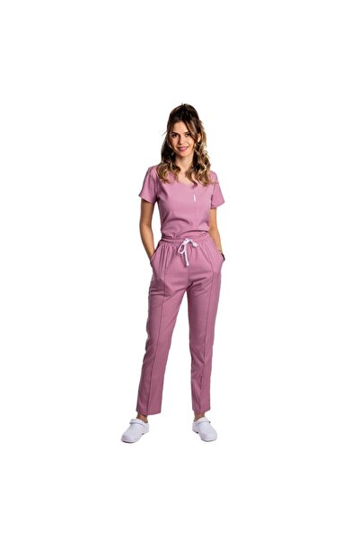 RUNI Powder pink stretch medical suit with V-neck blouse and drawstring and S...
