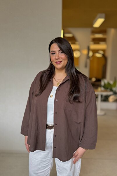 CHUL Plus Size Women's Linen Shirt with Pockets - Dark Brown