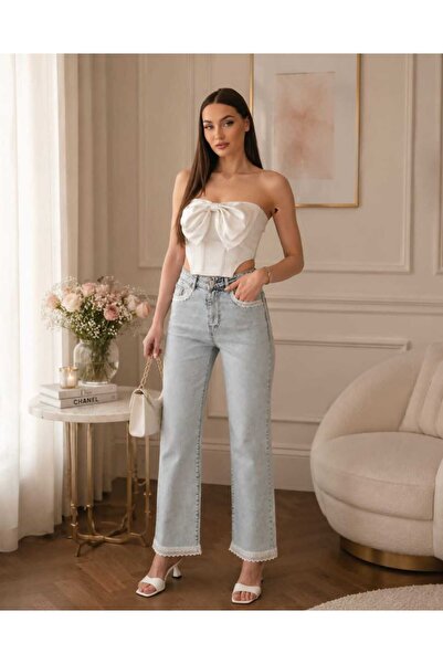 Budan Export Women's High Waist Straight Leg Washable 4-Pocket Jeans with Lac...