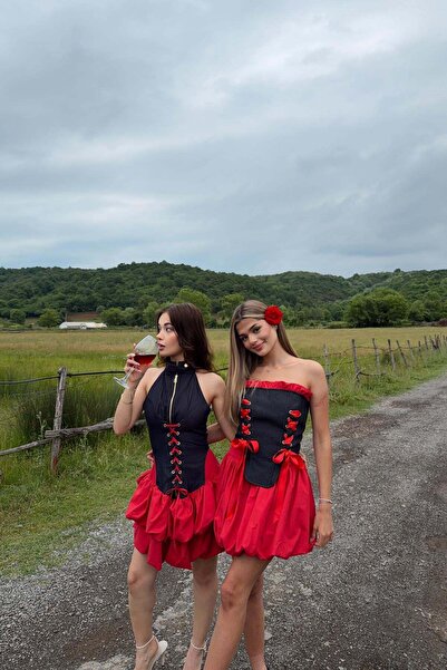mylove Corset Detailed Dress with Pleated Skirt Red