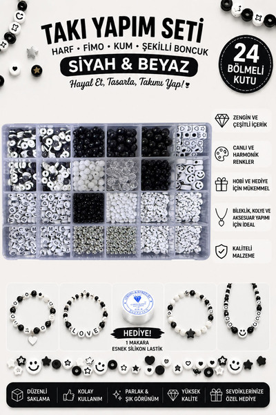 By MO Accessories Yeni Sezon Siyah Beyaz Renklerde Kum Boncuk Fimo ve Harf Bo...