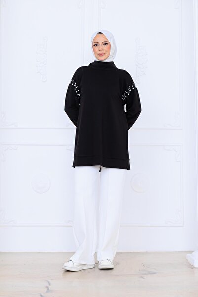 Moodbasic Taş Detaylı Dik Yaka Sweatshirt - Siyah