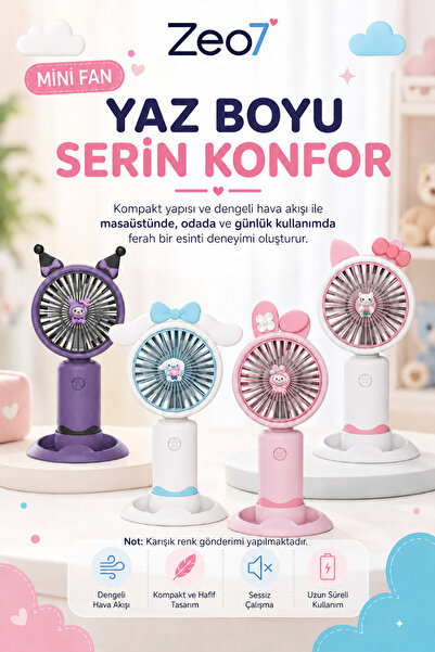 Zeo7 Şarjlı Mini El Vantilatörü, Karikatür Tasarım, Masaüstü Standlı, Hafif G...
