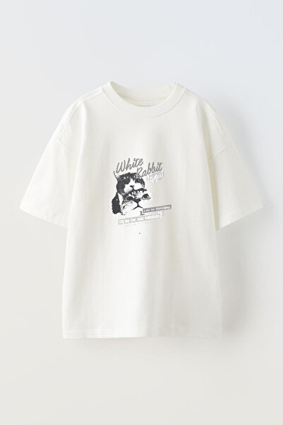 Anetos Tricou oversize alb din bumbac cu imprimeu frontal White Rabbit Cat De...