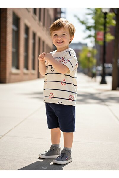 Nio Lua Boys' Single Jersey Striped Anchor T-Shirt Shorts Set