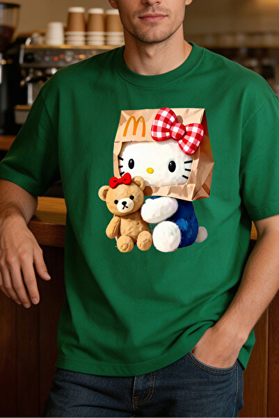 Fleck Cute Cartoon Hello Kitty And Teddy Bear In McDonalds Bag Men's T-Shirts...