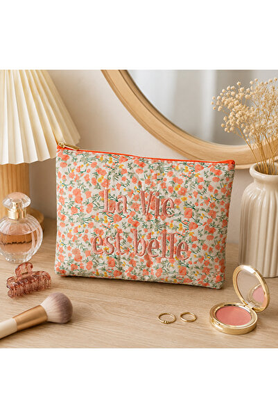 Clayre Makeup bag with Patterned and message 22x16 cm Orange/Blue