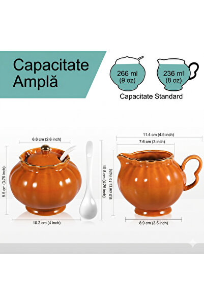 Ursword Set Zaharniță și Letieră din Ceramică Premium, 266 ml / 236 ml, cu Capac și Linguriță, Design Elegant cu Margini Aurii, Portocaliu