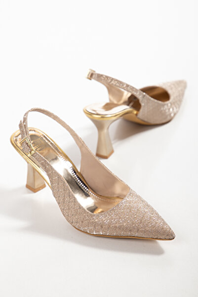 derim shoes Kadın Altın Simli Sivri Burun Slingback Abiye Topuklu Ayakkabı