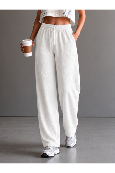 dont quıt Women's Wrinkled Fabric Comfortable Fit Pants White