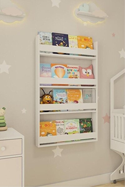 Tree World Montessori Çocuk Kitaplığı 4 Raflı Duvar Tipi Beyaz Kitaplık - Eği...
