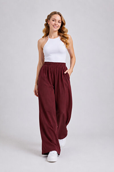 GLOW MUSE Beli Lastikli Cepli Etek Pantolon -Bordo