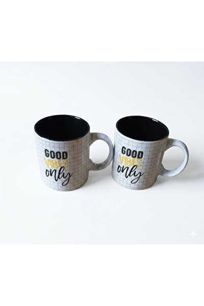 OEM Top Bottom Set of 2 Ceramic Mugs "Good Vibes Only", Black/Turquoise Inter...