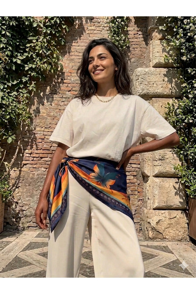 Kaiya Atelier Lacivert Desenli Kare Fular & Bandana