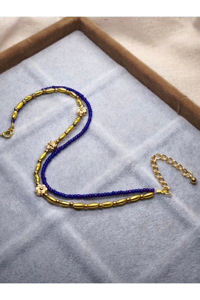 MuseumofYou Double Design Handmade Elegant Anklet with Purple Beads and Gold Flower Figures