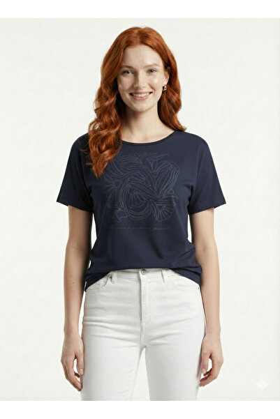 Neden Tekstil Women's Navy Blue Printed Short Sleeve T-Shirt