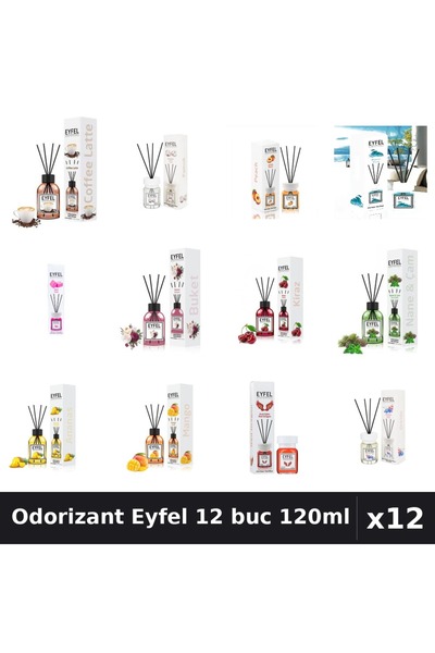 Eyfel Set 12 Odorizante Camera cu Betisoare - Arome Asortate Cafea, Ocean, Ma...