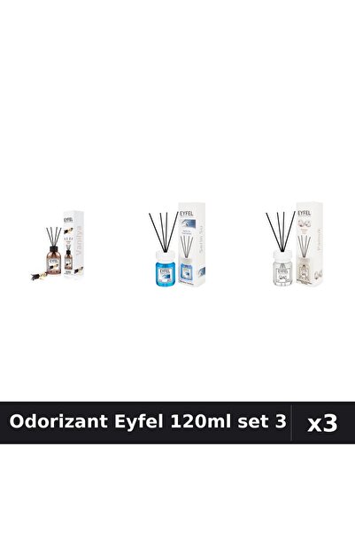 Eyfel Set 3 Odorizante Camera cu Betisoare 120ml - Vanilie, Cool Water, Bumbac
