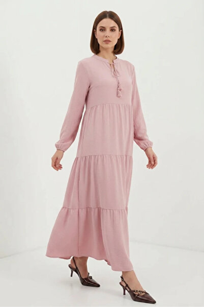 Efnaz style Women's Lace-Up Collar Ruffled Light Pink Hijab Dress