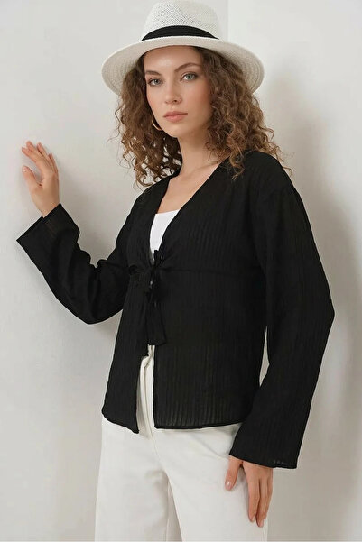 buğrahayalin Women's V-Neck Lace-Up Detail Viscose Black Blouse